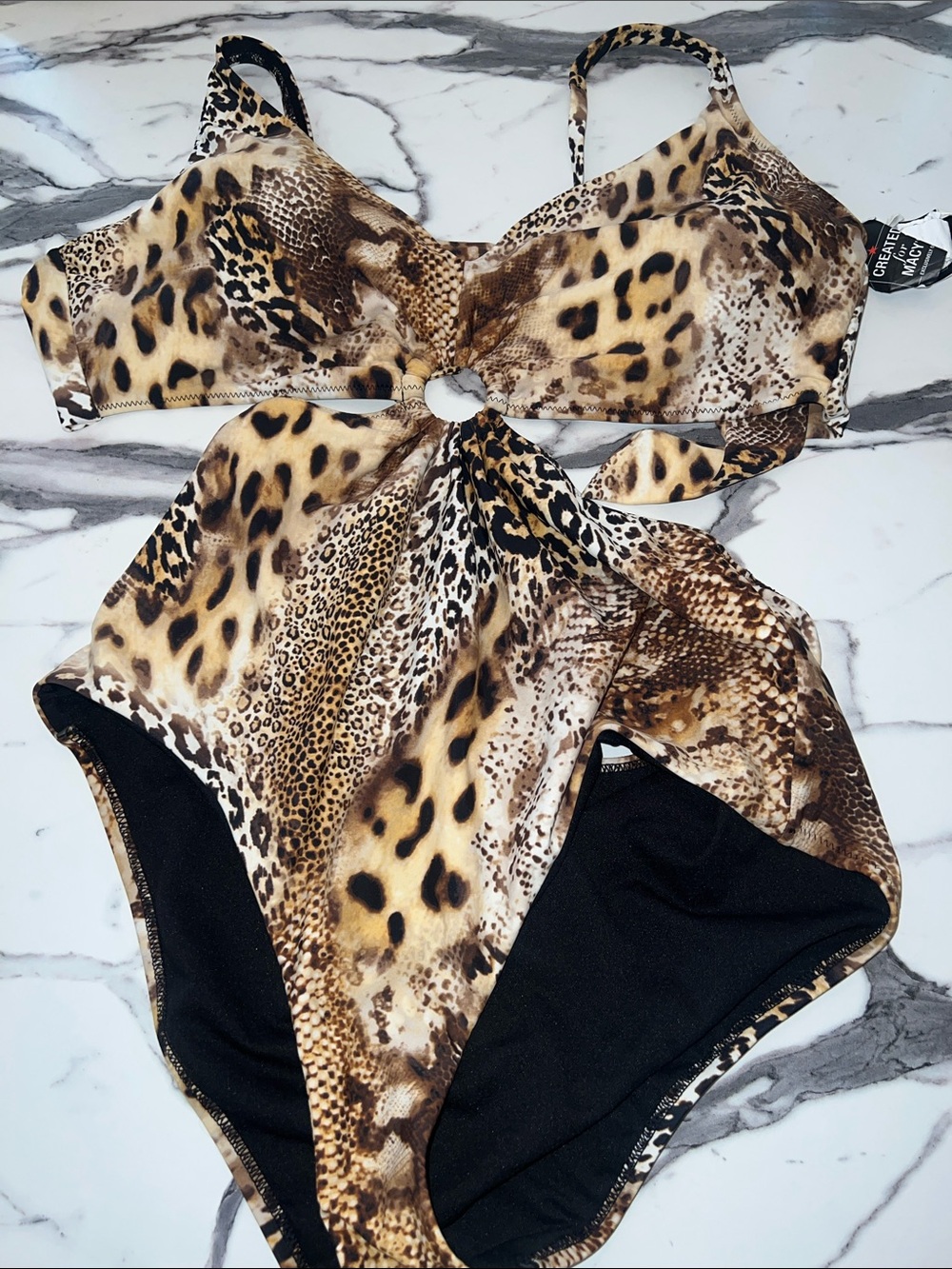 Bar III SAFARI FLING Leopard Print One-Piece Swimsuit in Black/Brown/Tan XL